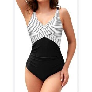 Shekini Womens Tummy Control Retro One Piece Swimsuit V Neck Modest Size 3XL